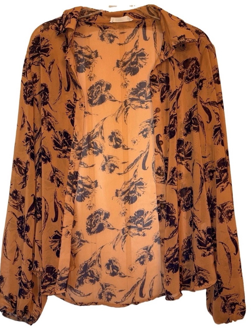 Brown and Navy Floral Sheer Button-Up Blouse